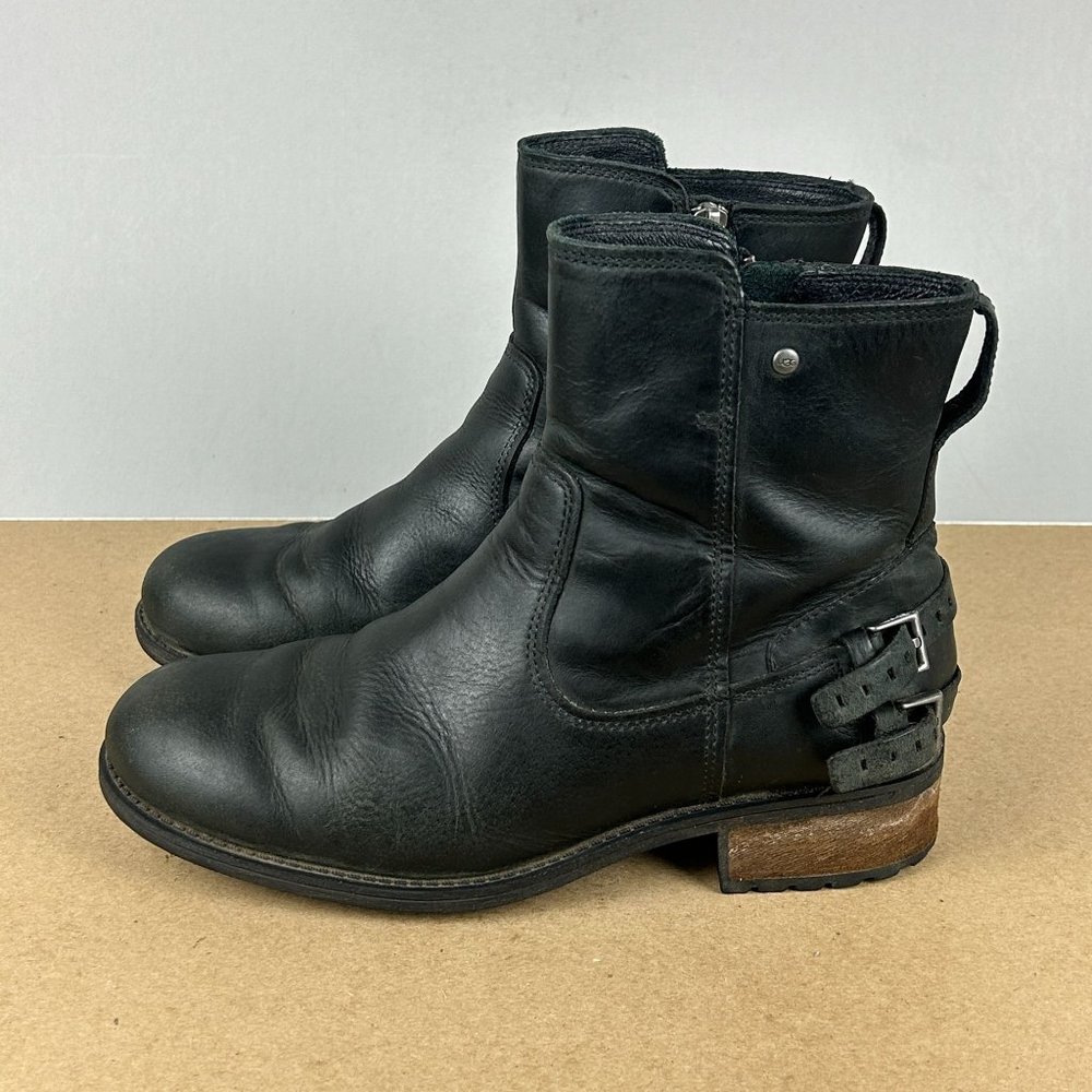 UGG Orion Biker Leather Ankle Boots Womens 7.5 Black Side Zip Buckle Moto